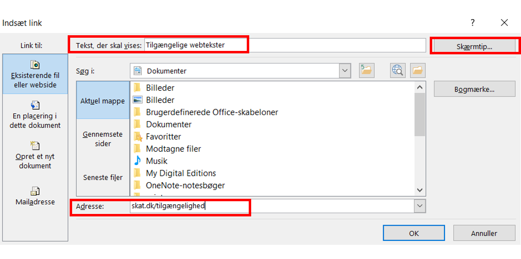 Billede med forklaring af, hvordan man sætter links ind i Word