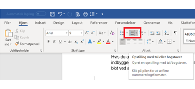Billede med forklaring af, hvordan man sætter lister ind i Word